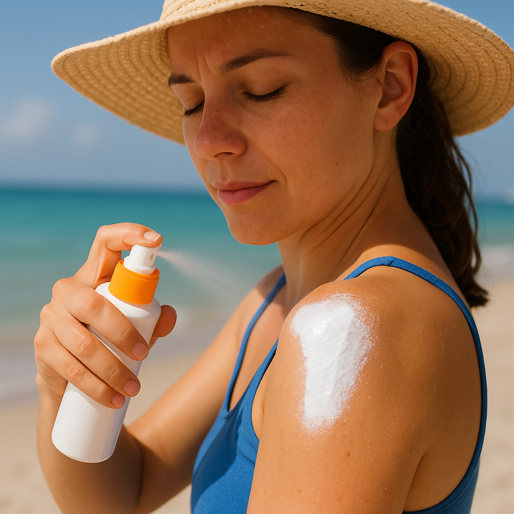 Mujer utilizando protector solar en spray